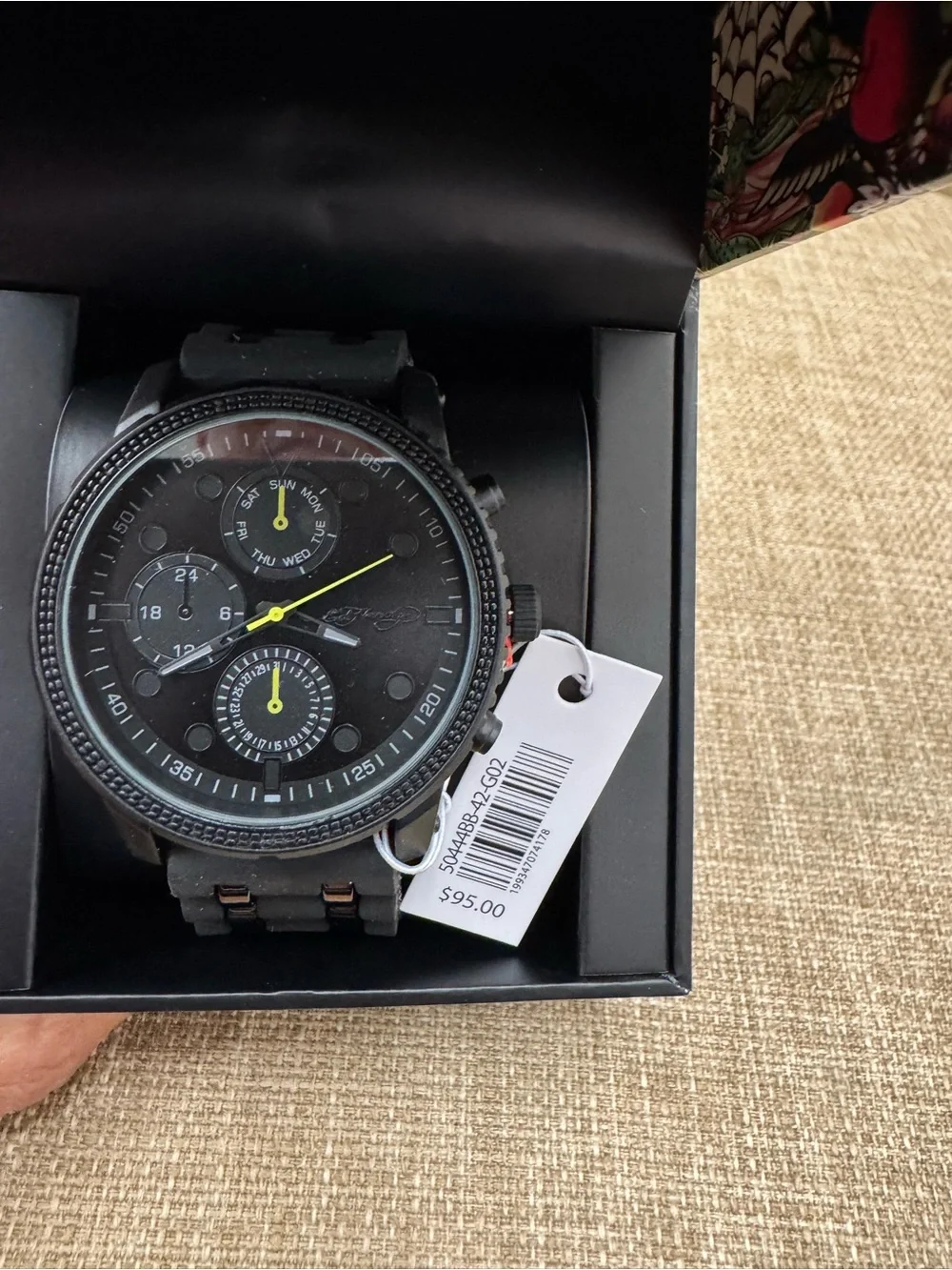 Ed Hardy Men’s Quartz Multifunction 24-Hour Black Dial Rubber Strap…Retails $95